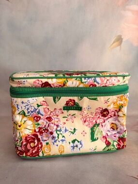 Celebrity Pink Floral Cosmetic Train Case in Cream with Green Trim
